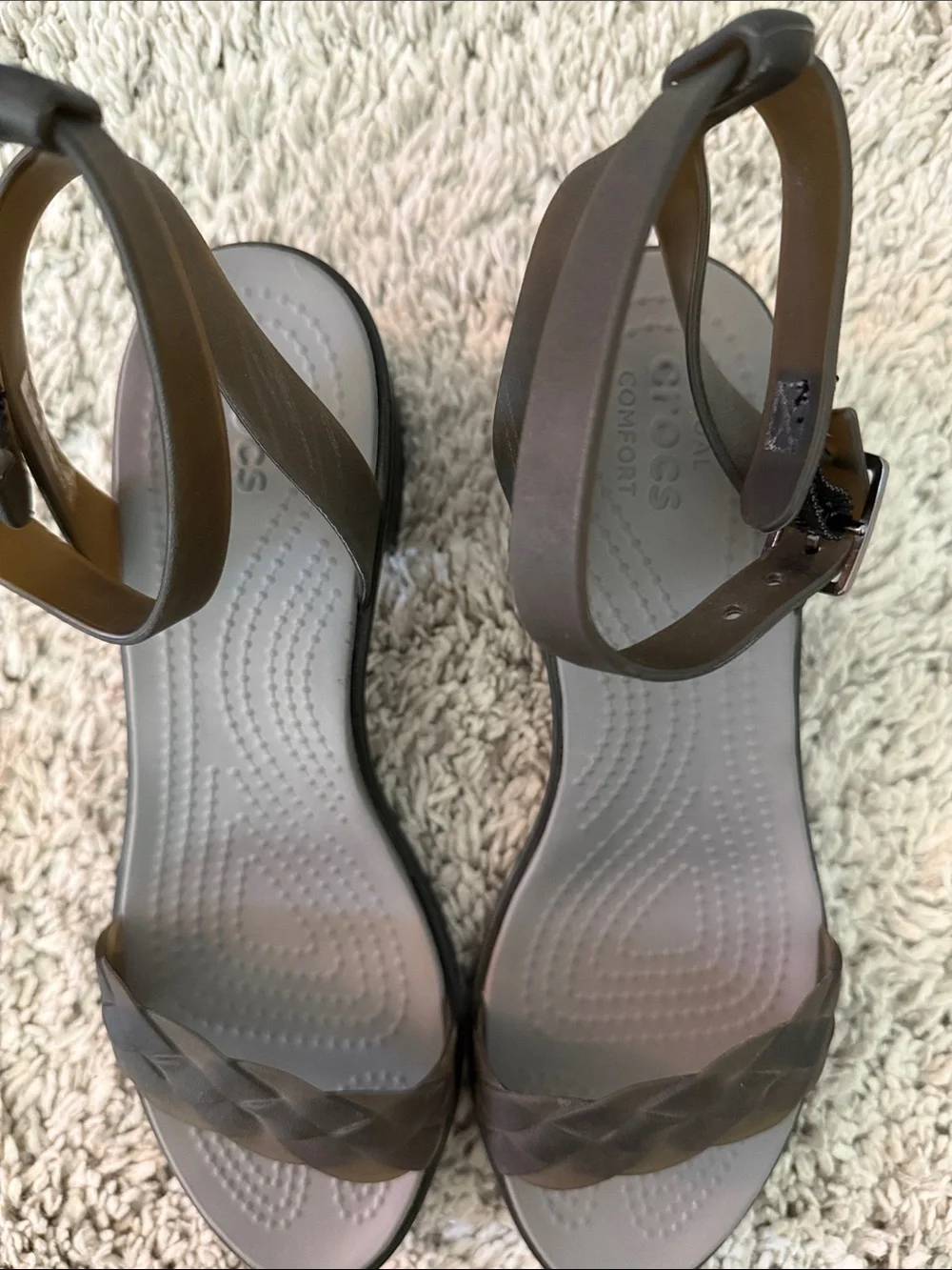 CROCS Brown and Beige Leather Block Heel Sandals